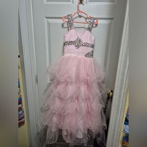Pink Ruffled Tulle Pageant Dress with Jewel Accents